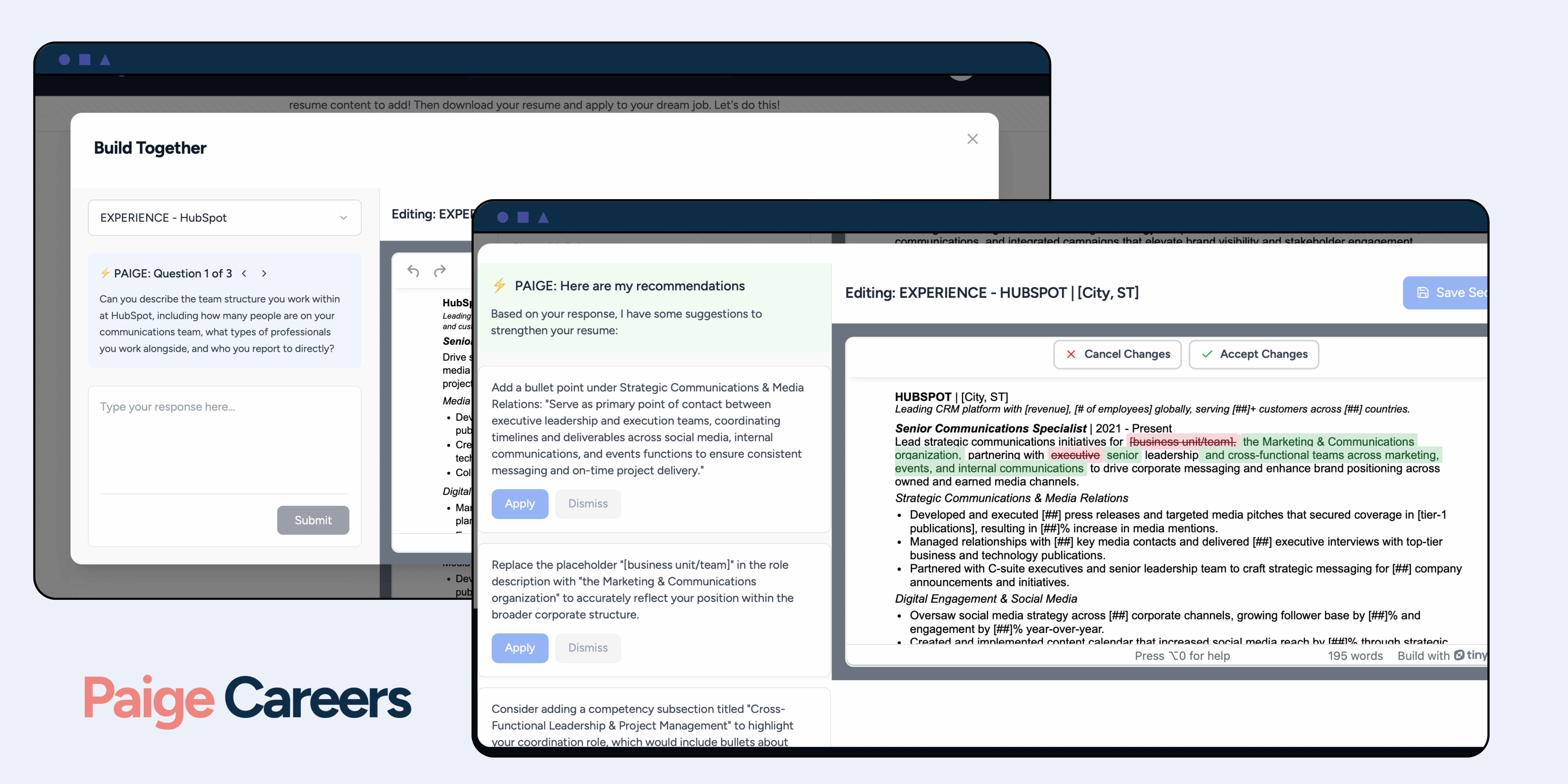 Paige Resume Builder showing interactive resume coaching