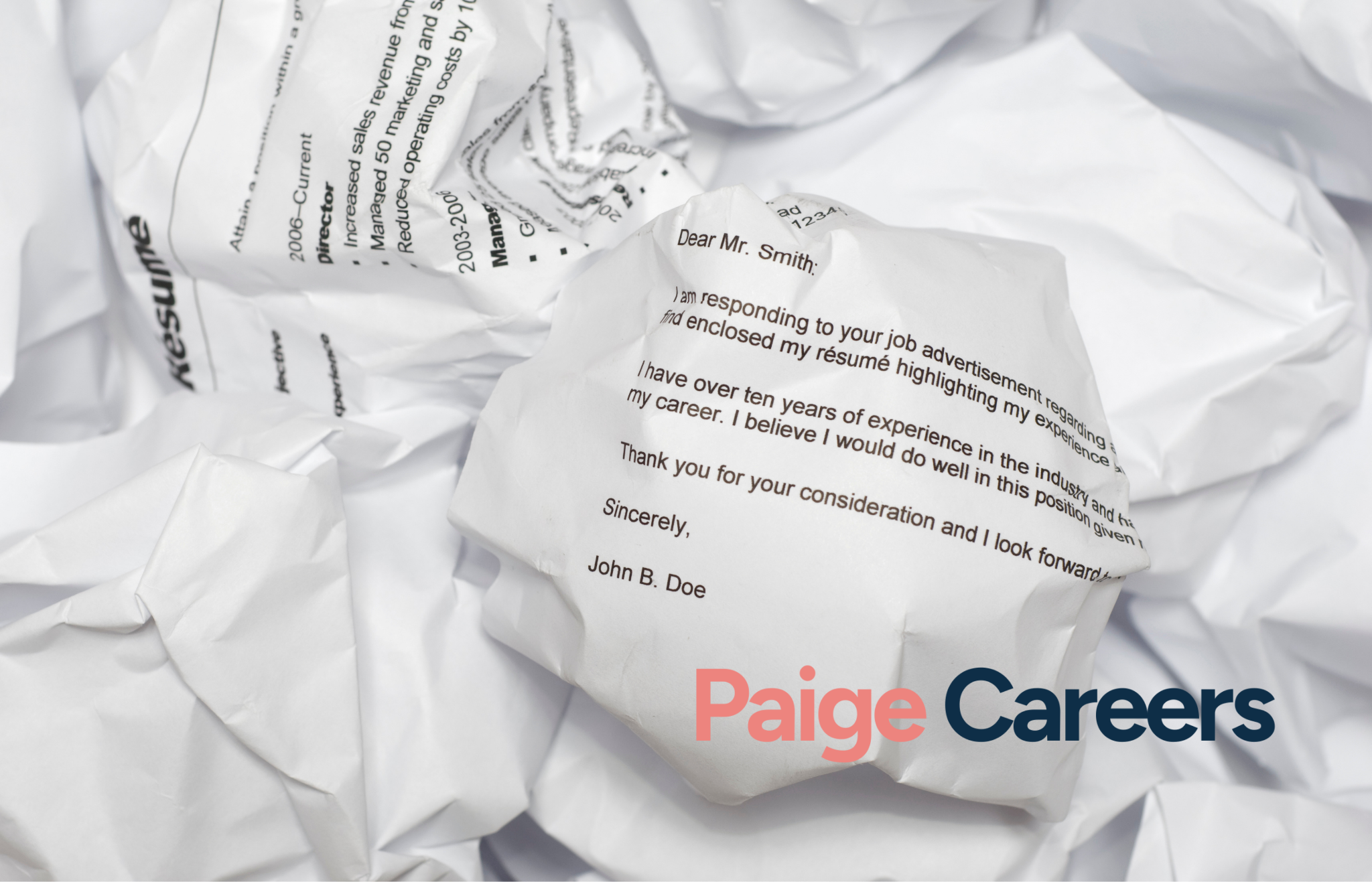 Crumpled cover letter and résumé with Paige Careers logo